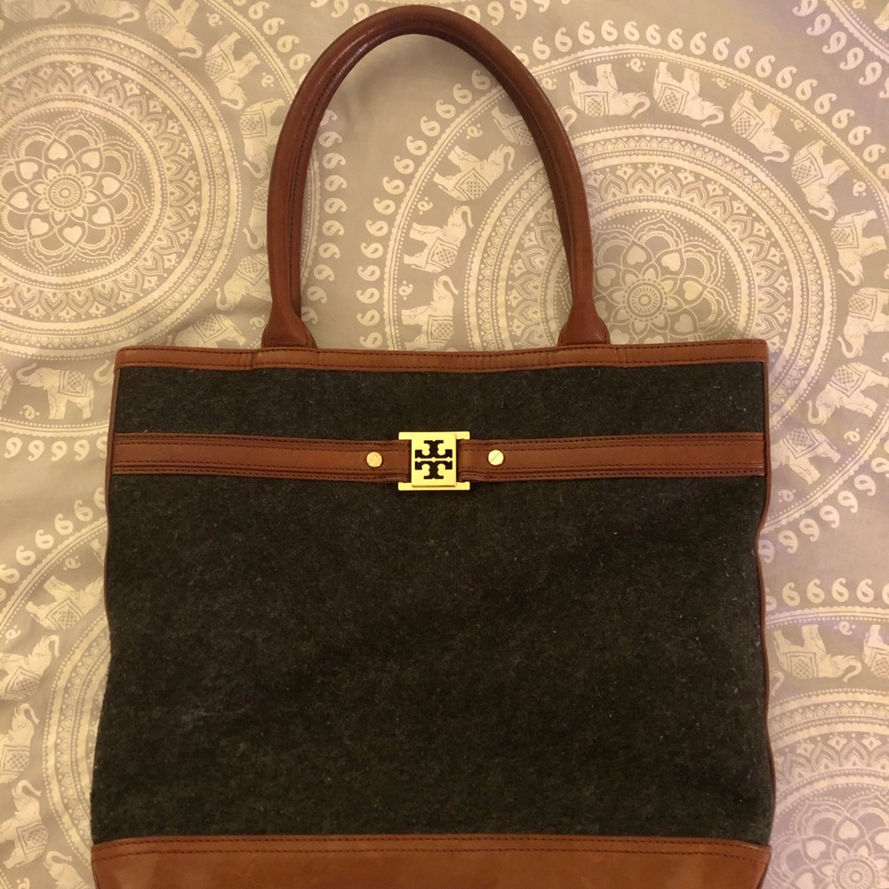 Tory Burch Brown Leather & Charcoal Felt Tote